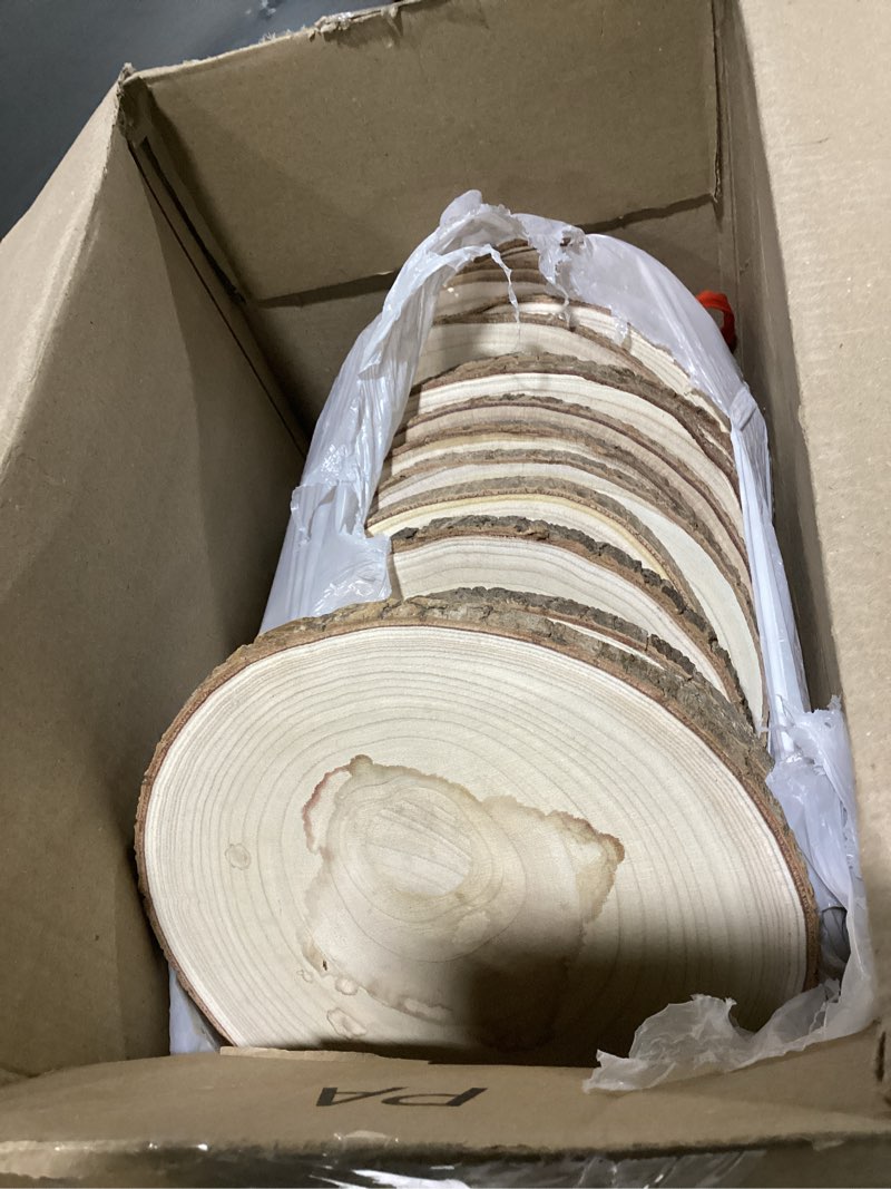 Condition photo showing New/Like New for wood slices,wood slices for centerpieces table decorations,unfinished rounds wood for crafts,wood slice for rustic wedding decoration projects, natural paulownia wooden slabs(10-11 inch 8 pcs)