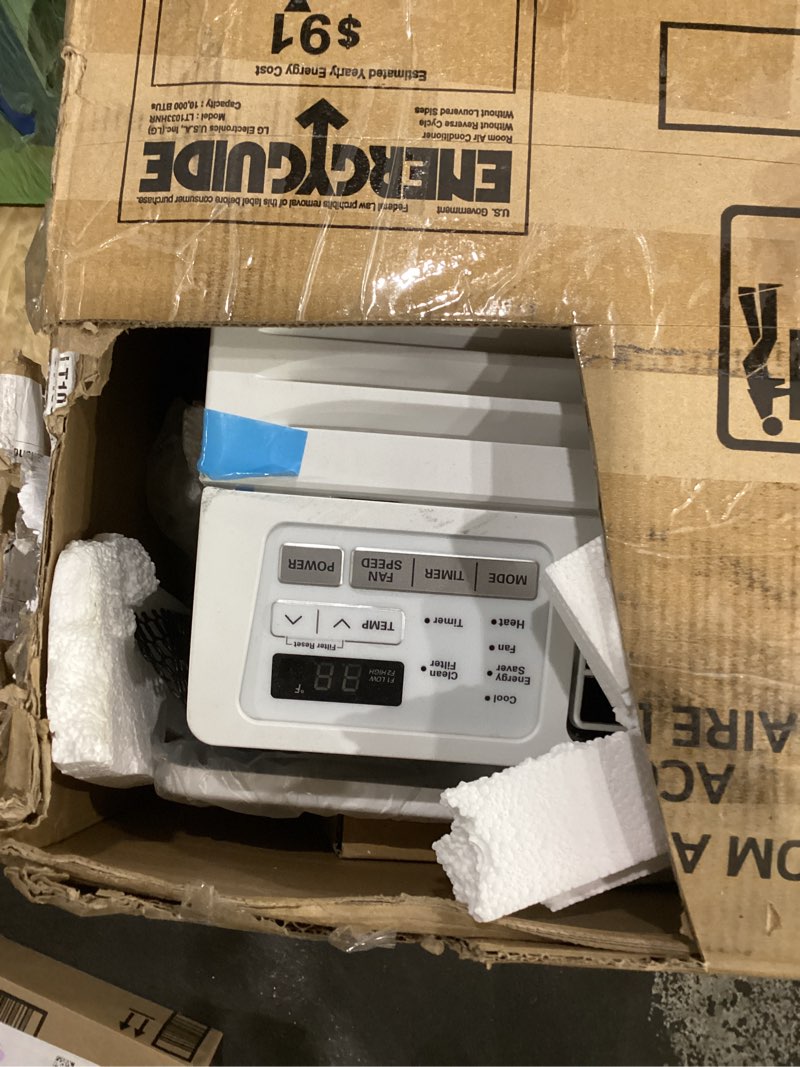 Condition photo showing Good Condition for used not tested lg 9,800 btu through the wall air conditioner with supplemental heat, 230v, ac wall unit for rooms up to 440 sq.ft. (18' x 25' room size), perfect for bedroom, ac with remote and auto-restart, white 10000 btu heat/cool 230v bright white