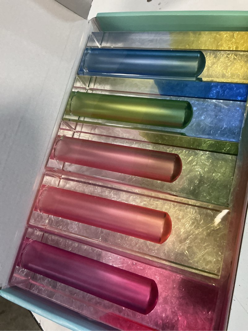Condition photo showing New/Like New for 5 pcs acrylic vase set, bud vase for centerpieces, maximalist decor cute flowers vases for modern home, office, bedroom, living room, dining table (pink, purple, green, blue, yellow)