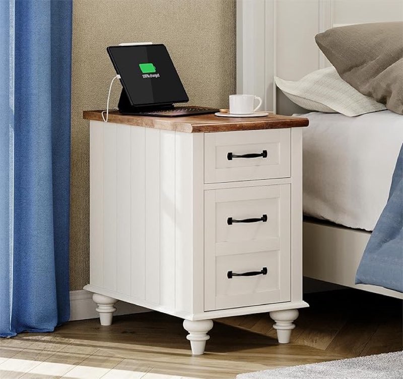 WAMPAT Nightstand with Charging Station for Bedroom, White End Table with Solid Wood Leg, Mid Century Bedside Table with Drawer & Storage Cabinet for Bedroom, Living Room, Dorm