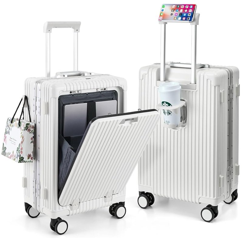 MRPLUM Front Pocket Carry On Luggage,PC Hardside Spinner Wheel Suitcase with TSA Lock, Cup Holder,Phone Holder&USB Charging Port,20 inch,