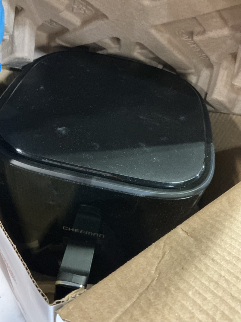 Condition photo showing As Is for chefman air fryer – 6 qt compact airfryer for quick & easy meals, features hi-fry technology for extra crisp, easy-view window, touch controls with 4 presets, nonstick & dishwasher safe basket - black black 6 quart - window