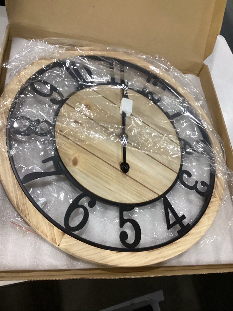 Condition photo showing New/Like New for leike 24 inch large wall clock - rustic wooden silent non-ticking wall clock with black metal frame, vintage farmhouse decorative for living room, bedroom, kitchen - arabic numerals, modern design 24 inch arabic numerals