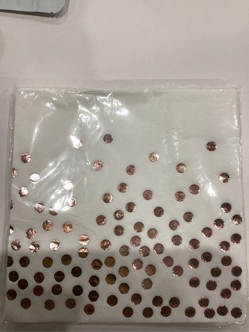 Condition photo showing As Is for Andaz Press Copper Foil Rose Gold Polka Dot Lunch Napkins, 6.5-inch, 50-Pack, Shiny Metallic Colored for Birthday, Wedding, Baby Shower, Holiday Party, Disposable Tea Party Rose Gold 6.5x6.5 Lunch Napkins 50-Pack