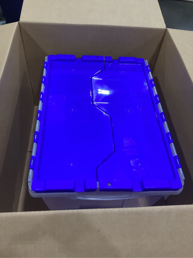 Condition photo showing Good Condition for akro-mils 66486 12-gallon plastic stackable storage keepbox: tote container with attached hinged lid, 21-1/2-inch x 15-inch x 12-1/2-inch, clear/blue