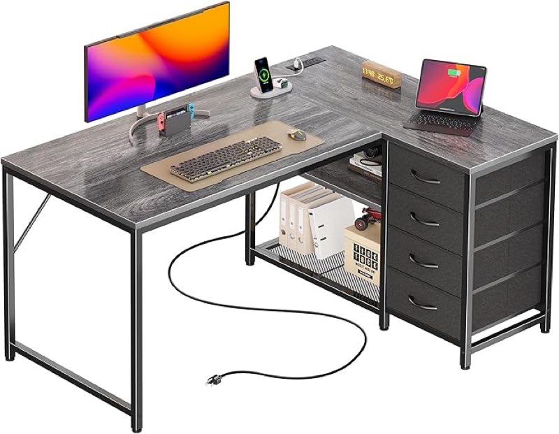 PRAISUN 43.3\" Small Computer Desk with Power Outlets and USB-C Port, Reversible L Shaped Corner Office Desk with 4 Fabric Drawers and 2 Height-Adjustable Shelves, for Gaming Writing, Grey