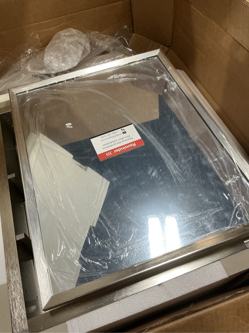 Condition photo showing Good Condition for Keonjinn Small Medicine Cabinet Mirror 14" x 18", Assembly Needed, Brushed Nickel Medicine Cabinet with Mirror for Bathroom, Beveled Framed, One Stepless Adjustable Shelve, Wall-Mounted or Recessed Brushed Nickel 15x19 In