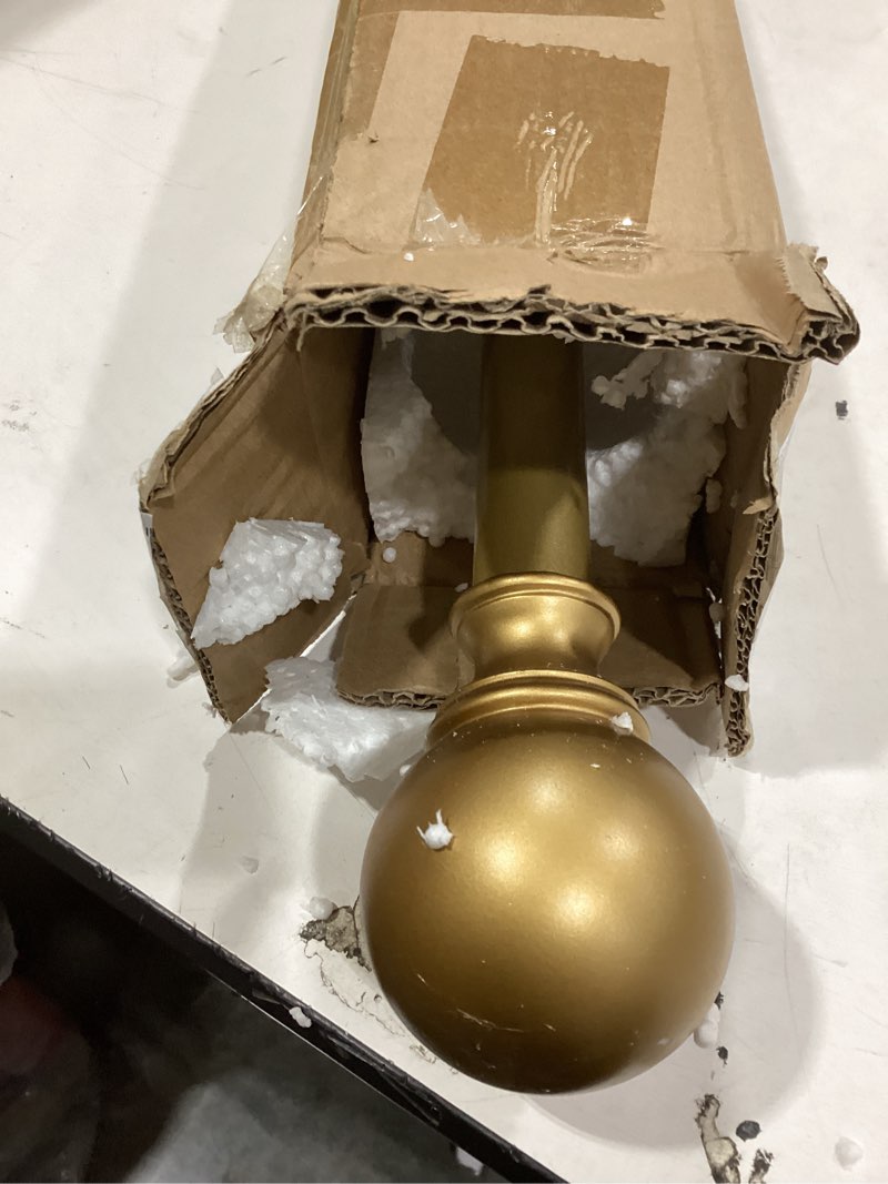 Condition photo showing New/Like New for elrene home fashions cordelia adjustable single curtain rod with globe ball finials, 1 inch diameter, soft gold, 28"-48" 28" - 48" adjustable rod soft gold