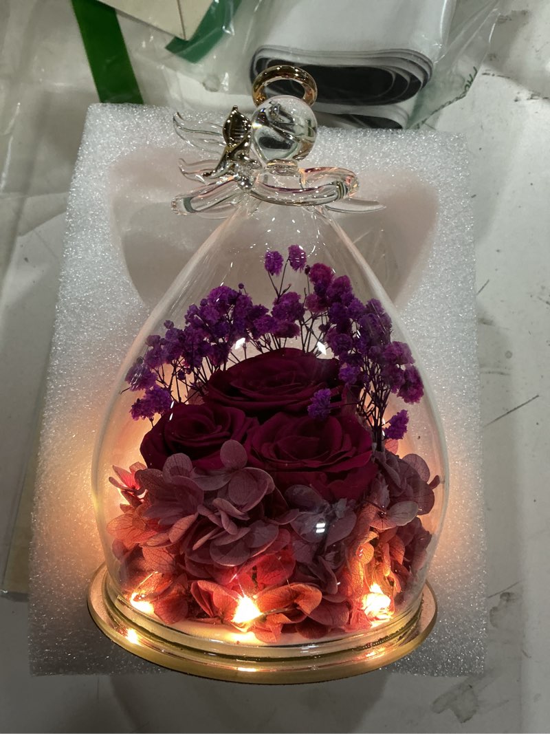 Condition photo showing As Is for homeasy mothers day roses gifts for women birthday, preserved flowers rose in glass angel figurines, forever fresh flowers for delivery gift box for wife mom her grandma from daughter purple