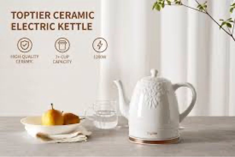 Toptier Ceramic Electric Tea Kettle, Boils Water Quickly and Easily, Detachable Rotating Base and Boil-Dry Protection, Worry-Free Automatic Shut-Off, 1.5 L, White
