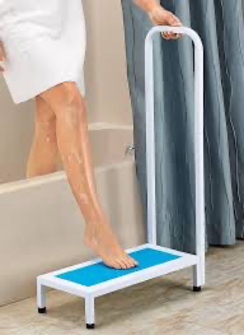 bath step with handle non slip surface sturdy aid bathroom white and blue