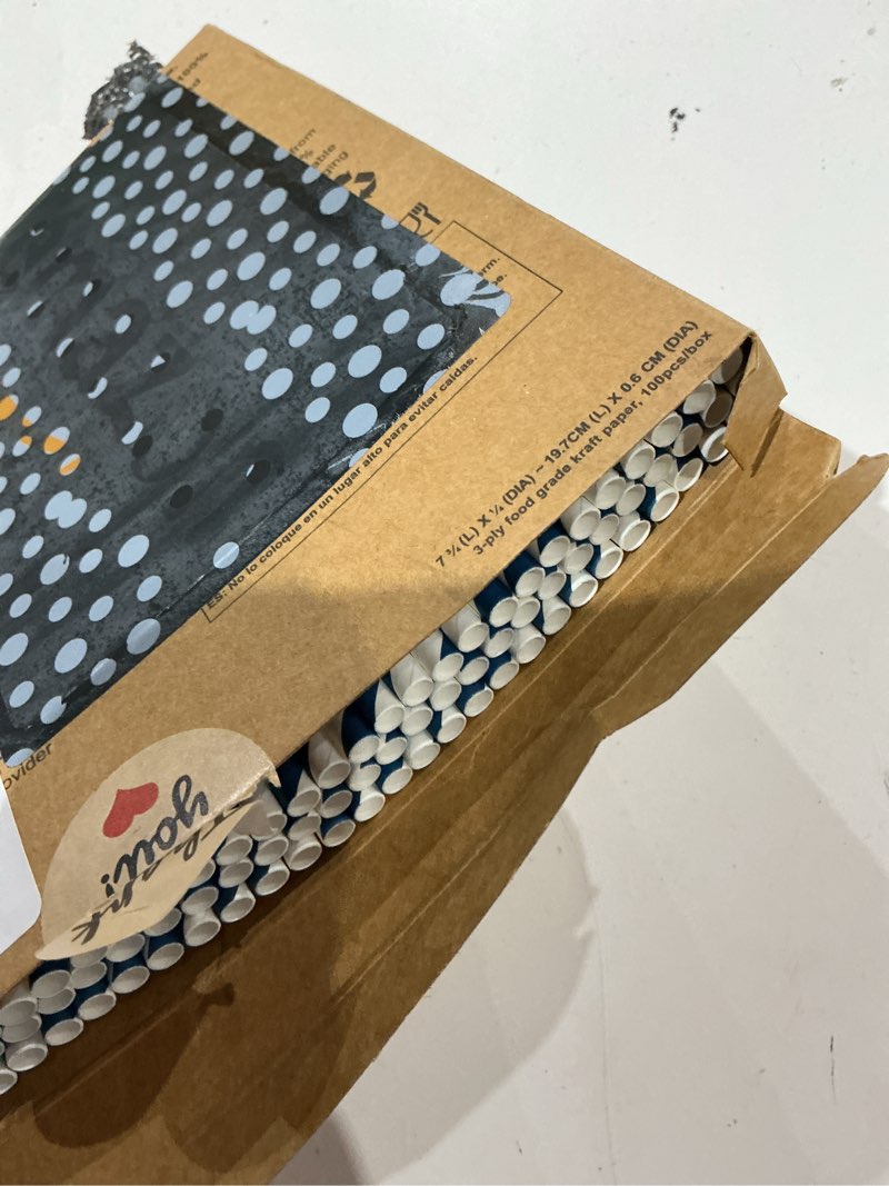 Condition photo showing Good Condition for navy blue striped paper straws, 7.75 inch biodegradable compostable paper drinking straws, disposable eco-friendly paper straws for cocktails, smoothies, juices, parties, weddings and daily use