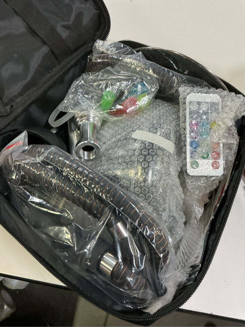 Condition photo showing New/Like New for modern hookah set – complete shisha hookah set with 2 hoses, led light & travel bag – stylish acrylic big hookah for home or party use
