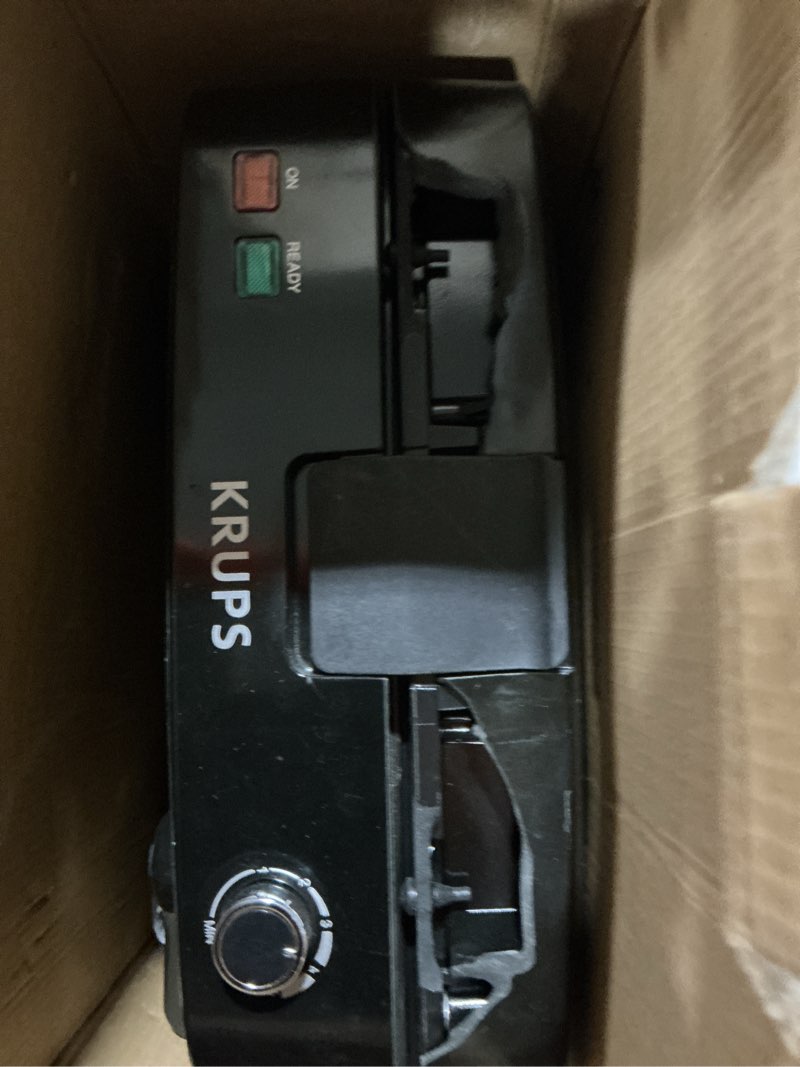 Condition photo showing As Is for krups 4-slice belgian waffle maker: stainless steel, 5 browning levels, audible ready beep, removable plates, 1200w, silver/black, large waffle maker family size, great for family breakfasts
