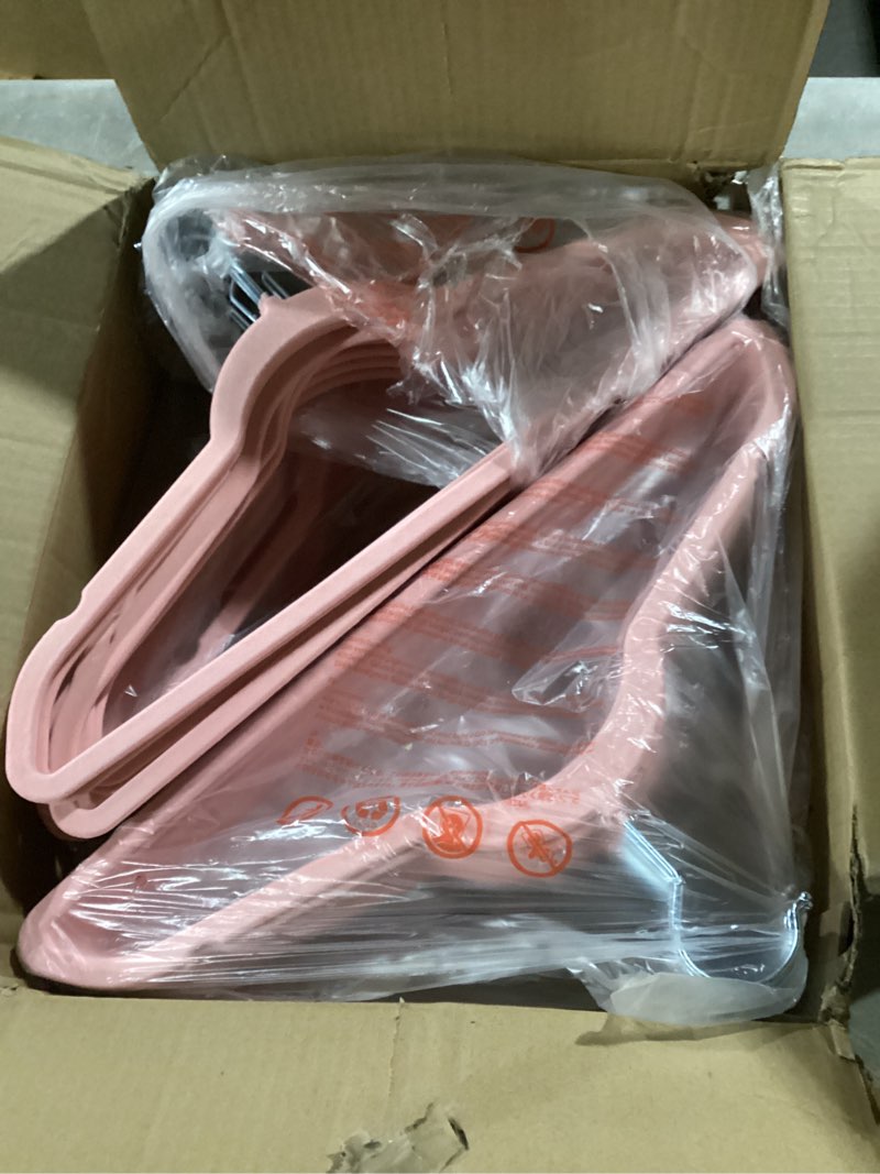 Condition photo showing Good Condition for house day premium velvet hangers 50 pack pink, non-slip flocked felt hangers, sturdy clothes hanger heavy duty coat hanger, durable slim for closet space saving 50 pack light pink/ silver