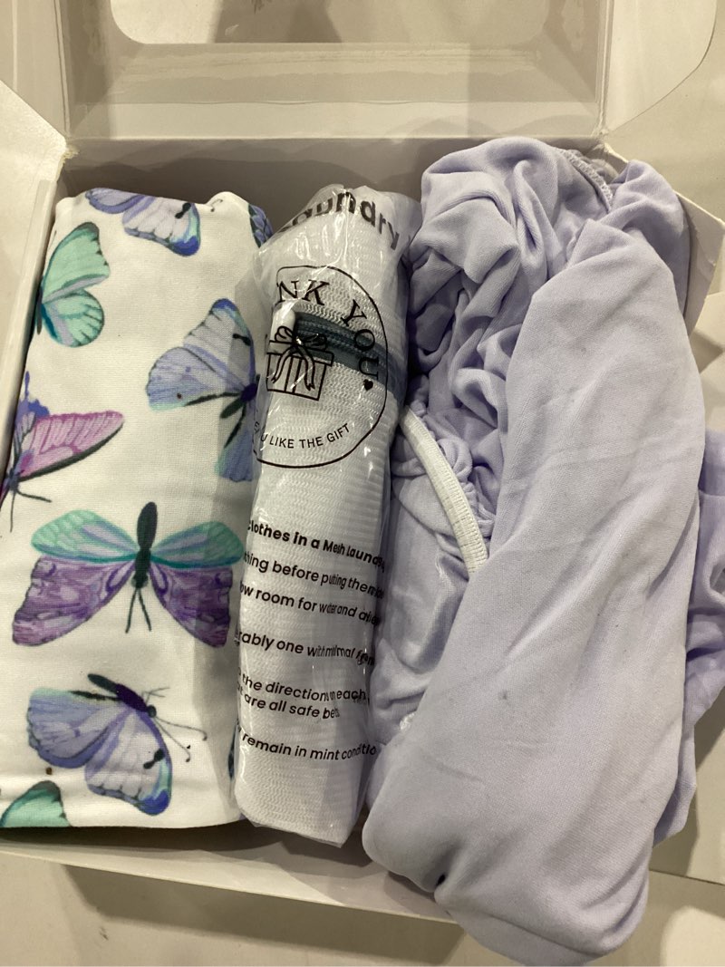 Condition photo showing Good Condition for TotAha Premium Soft Pack n Play Sheets, Super Stretchy Jersey Knit Mini Crib Sheets Fitted, Silky Comfort Graco Pack and Play Mattress Sheets 2-Pack, Purple Butterfly Purple Butterfly Pack N Pack / Mini Crib Sheets