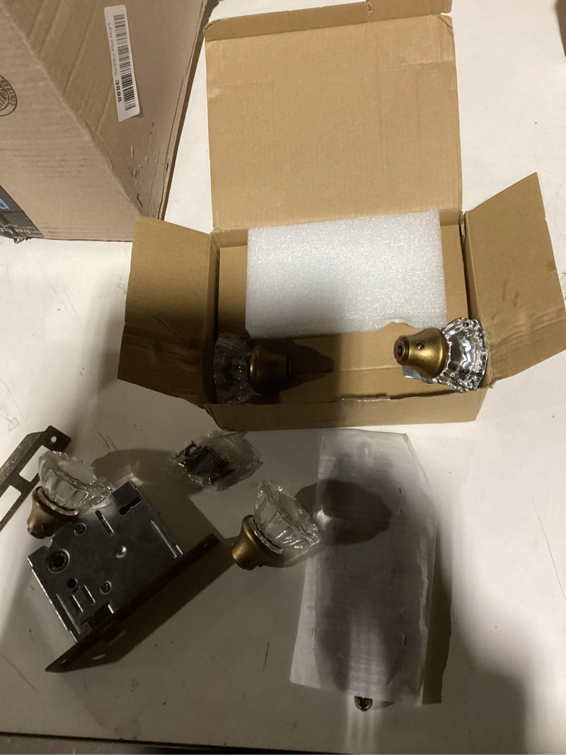 Condition photo showing As Is for Mortise Lock Set for Interior Door, Antique Brass Door Knobs with Lock and Skeleton Key, Vintage Door Handle Lock Replacement for Interior Doors, Antique Brass Finish Mortise Lock(1 Pack) Antique Brass