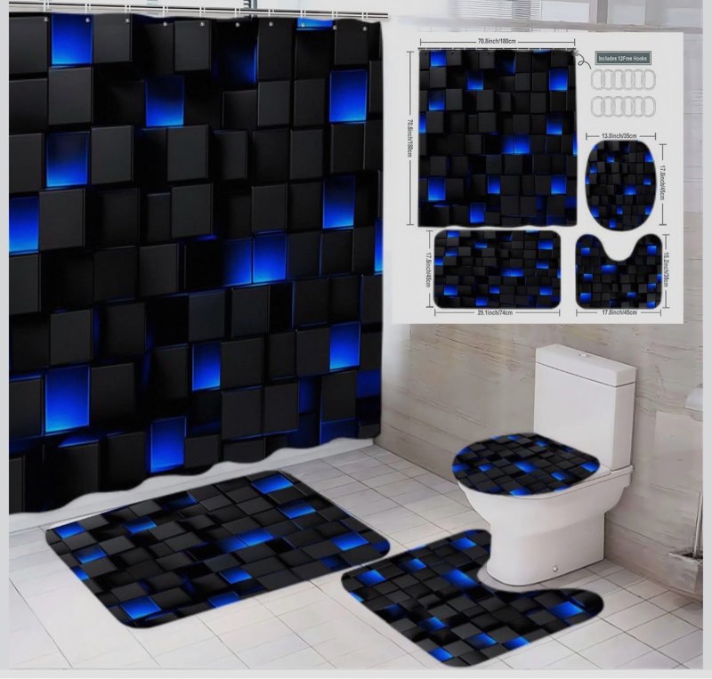 1/4pcs Modern Geometric Bathroom Decor Set, Bathroom Decoration Accessories, Bathroom Accessory - Matte Black Shower Curtain Sets with Royal Blue Accents, Toilet Lid Cover, Contour Bath Mat & U-Shaped Floor Mat