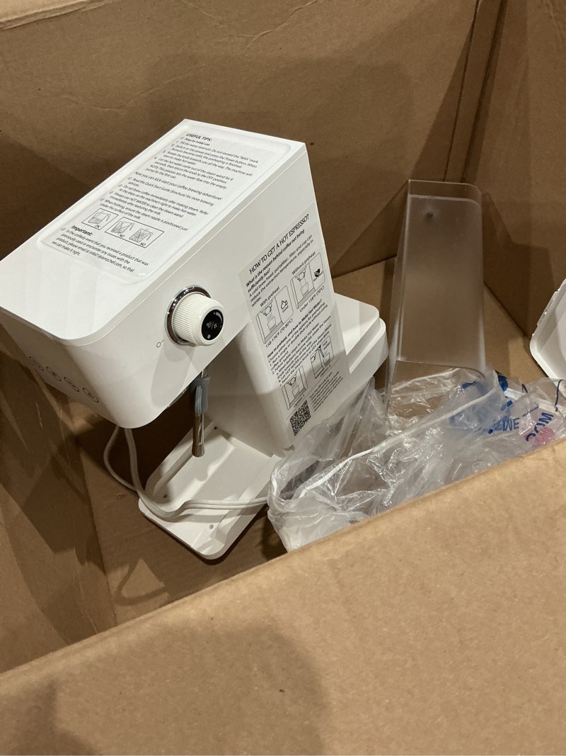 Condition photo showing As Is for amzchef espresso machine 20 bar, compact espresso maker with steam milk frother, coffee maker with 50oz removable water tank for home, coffee machine for cappuccino, latte, americano, 1350w snow white 50 oz