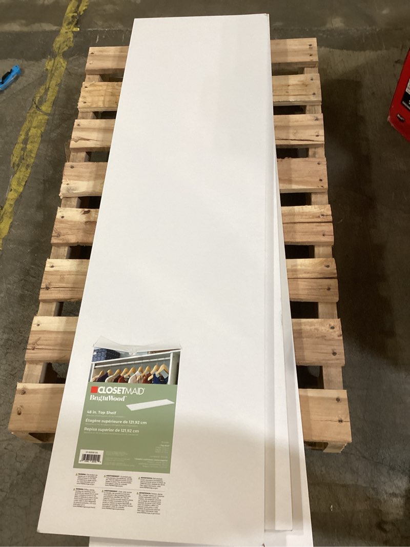 Condition photo showing As Is for closetmaid brightwood 48-in x 14-in d white solid shelving wood closet shelf (1 shelf)