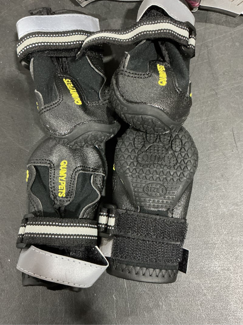 Condition photo showing New/Like New for QUMY Dog Shoes for Large Dogs, Medium Dog Boots & Paw Protectors for Winter Snowy Day, Summer Hot Pavement, Water-Resistant in Rainy Weather, Outdoor Walking, Indoor Hardfloors Skid-Resistant Sole Black Size 1: 1.8''x2.3''(W*L) (Pack of 4)