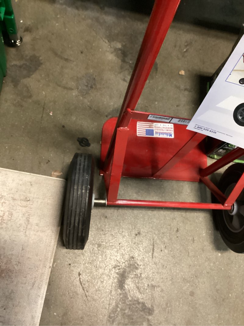 Condition photo showing As Is for similar d-handle hand truck dolly w/ capacity, vertical loop handle, 10” rubber wheels, 14.5”x 8.5” foldable nose plate, heavy duty metal dolly cart for lifting, stairs square handle-red