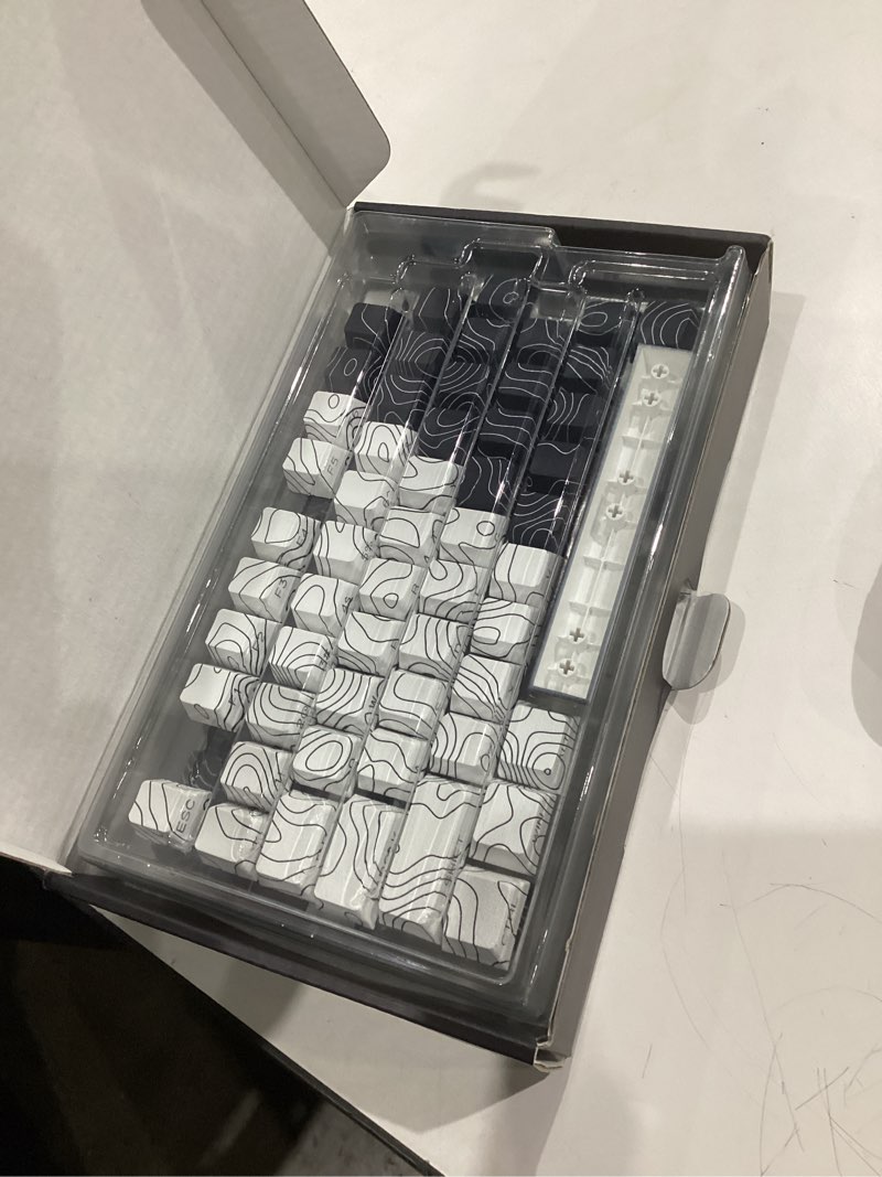 Condition photo showing New/Like New for double shot PBT keycaps,white and black,Topographic keycaps,lines backlit,Shine Through keycap,Side Printed keycap,dye sublimation,Cherry Profile keyboard caps for TKL US Layout Mechanical Keyboard White/Black