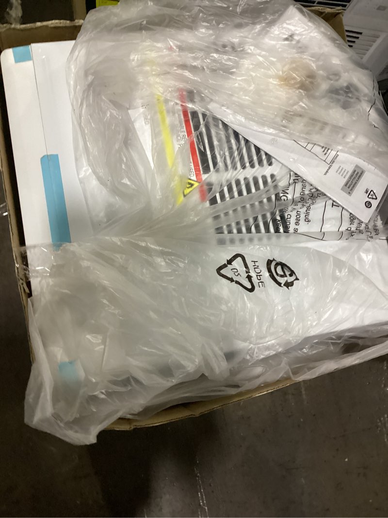 Condition photo showing As Is for 10,000btu 115-volts smart window air conditioner for 450 sq. ft. in white with wi-fi and remote