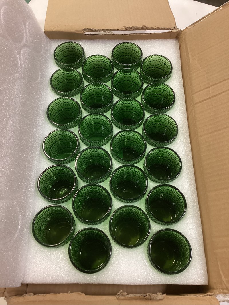 Condition photo showing Good Condition for votive candle holders of 24, glass holders bulk for table centerpiece, tea lights candle holders for wedding shower, home decor and party dark green