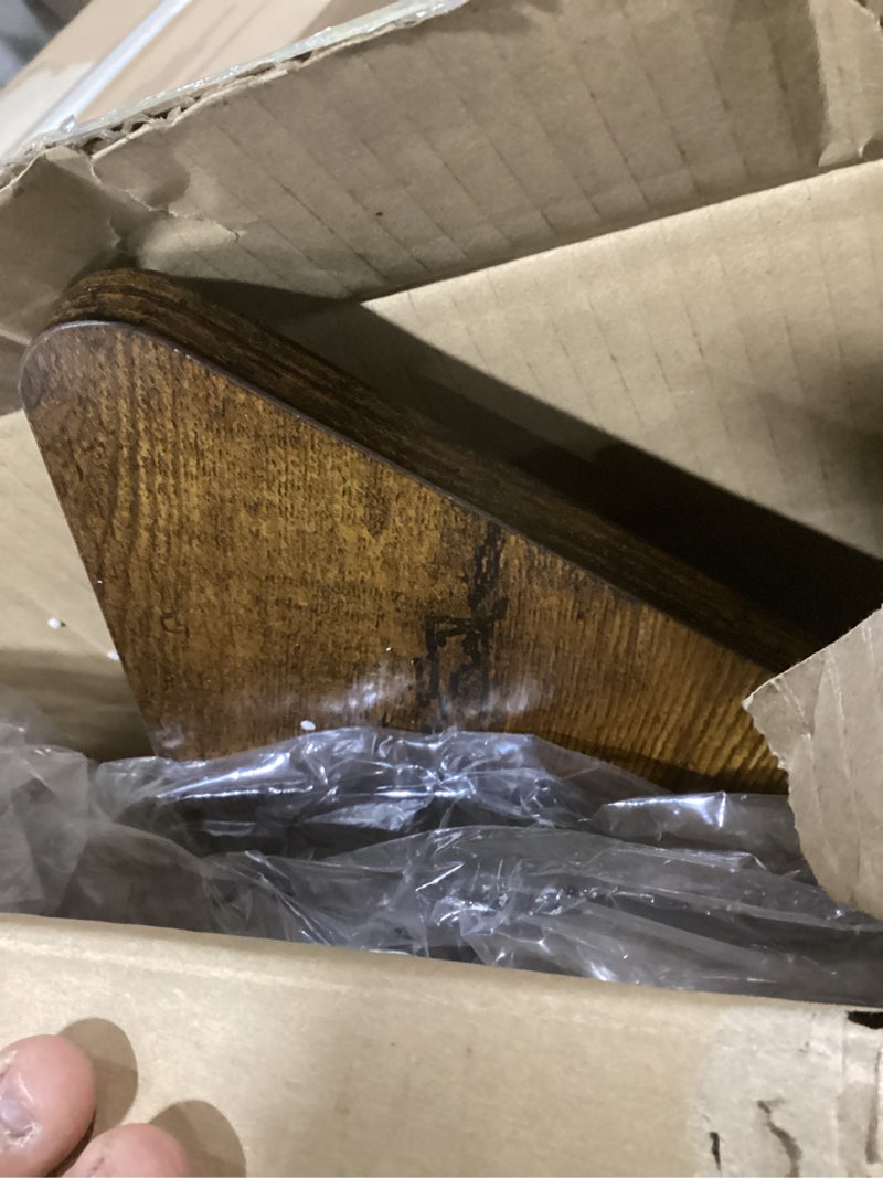 Condition photo showing Good Condition for bayka floating shelves for wall, book shelf for bedroom, decor shelves for living room kitchen, mounted wood floating shelf for home decor, corner shelf for bathroom, office(dark brown,set of 4) d. walnut-toned board & black brackets 4-piece set