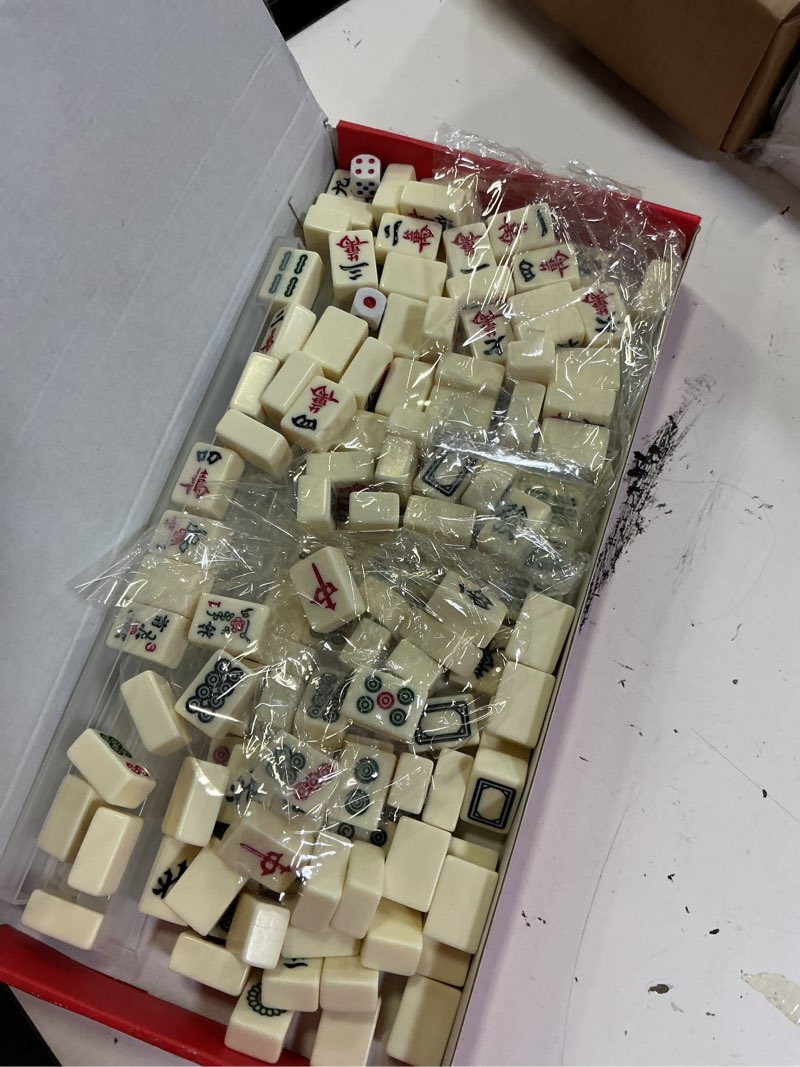 Condition photo showing As Is for miniature chinese mahjong game set 144 standard mini-tiles board game portable travel with traveler size carrying case dices clear holder for outdoor gift enthusiast family(ivory)