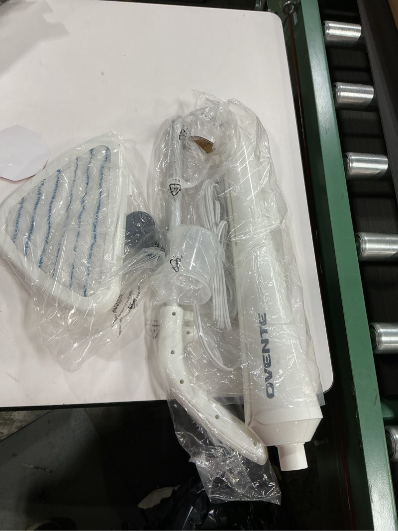 Condition photo showing New/Like New for OVENTE Electric Steam Mop Cleaner, 1300W Floor Steamer with Swivel Head, Refillable Water Tank and Washable Microfiber Pad for Cleaning Carpet, Hardwood, Laminate Floor, Tiles and Grout, White ST405W