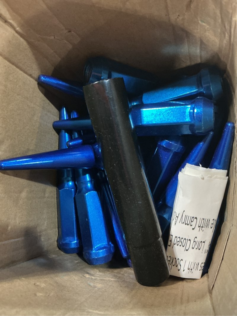 Condition photo showing As Is for m12x1.5 blue wheel spike lug nuts, 24 pcs lug nut wheel accessories with 1 socket key, thread spiked 4.4" long closed end nuts compatible with camry accord impala m12x1.5-24pcs blue