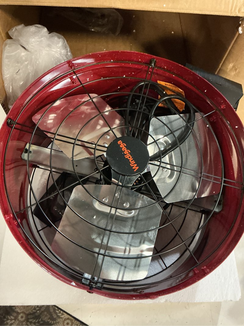 Condition photo showing New/Like New for 15'' gable vent fan with thermostat & remote control, 1800 cfm attic fan, 70 watts, up to 2500 sq ft, 3 speeds, 18-hour timer, plug & play, auto on/off based on temperature