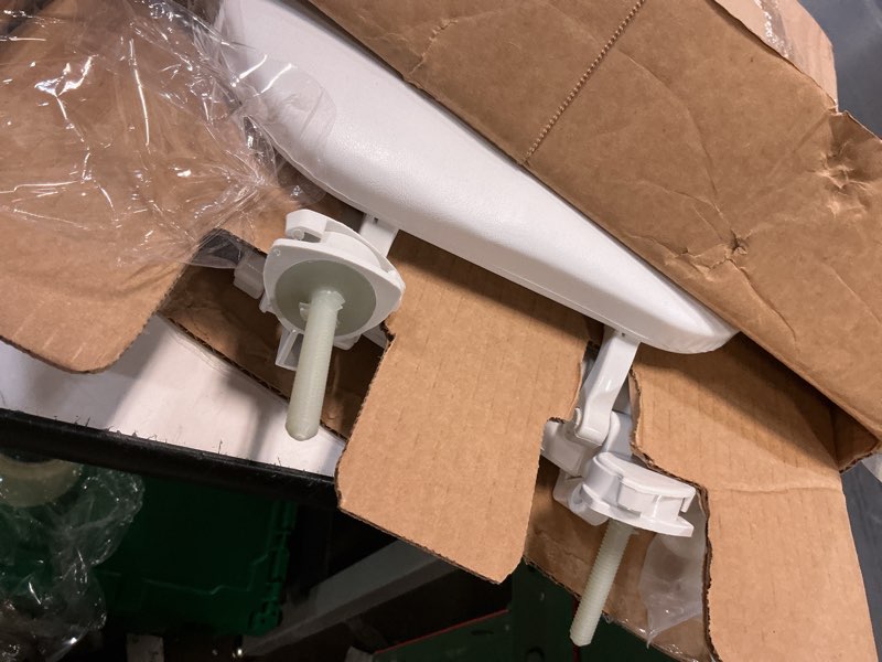 Condition photo showing As Is for mayfair padded toilet seat, cushioned soft vinyl over wood core seat, secure hinges, easy clean, made in usa, round, white round white toilet seat