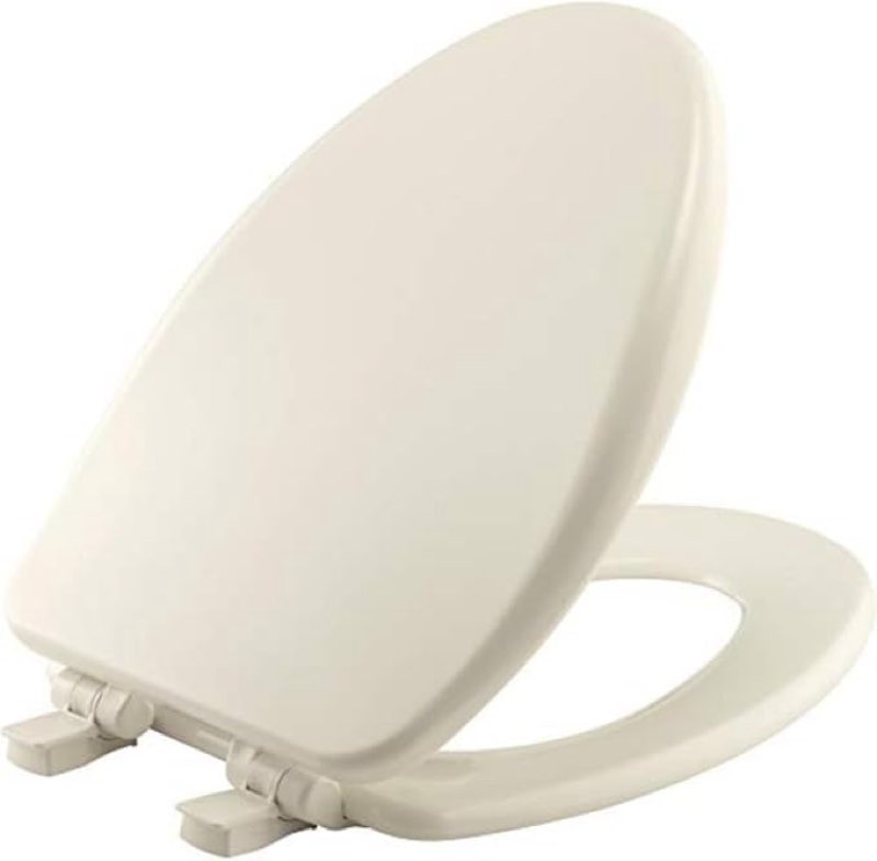 bemis alesio ii slow close toilet seat, easy clean hinges and adjustable perfect fit wood seat, made in usa, elongated, biscuit