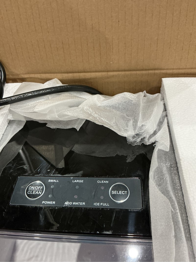 Condition photo showing As Is for free village countertop ice maker, 6 mins/9 pcs ice, 26 lbs ice/24hrs, self-cleaning ice machine with ice bags, scoop, and basket, portable ice maker for home/kitchen/office