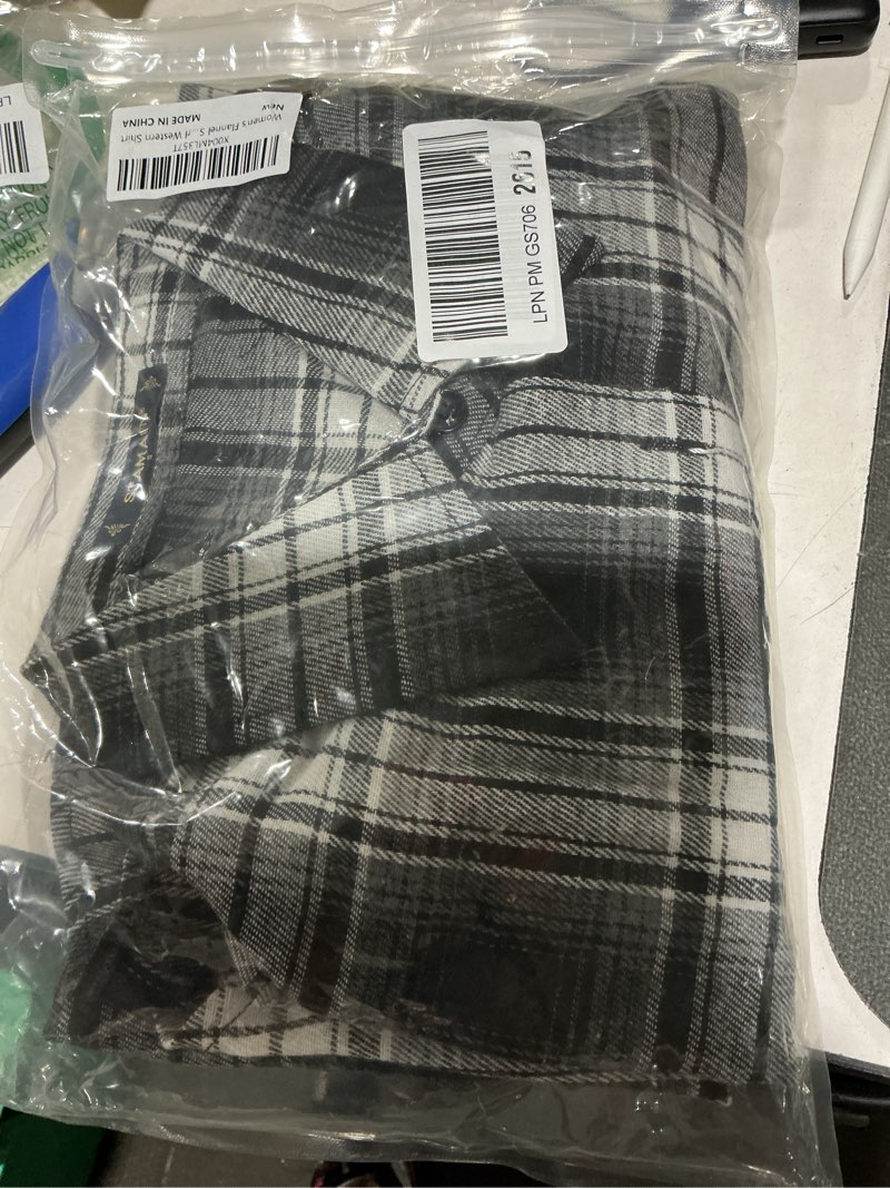 Condition photo showing New/Like New for flannel shirt for women plaid western cowgirl button down shirts with long sleeve oversized casual tops medium black white plaid shirt