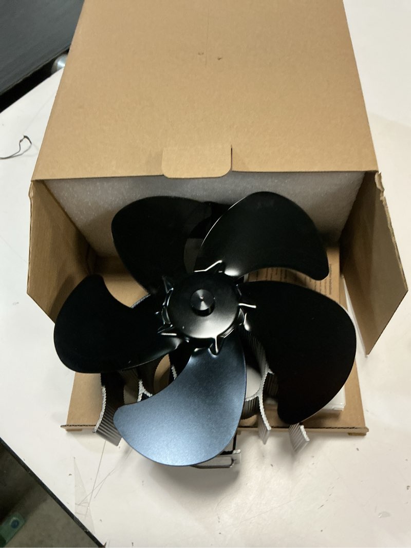 Condition photo showing Good Condition for Wood Stove Fan Compatible for Buddy Heater, Heat Powered Fireplace Fan Thermometer with Bracket Compatible for Heaters, Camping Outdoor Indoor Use, 5 Blades Stove Fans Non Electric Black-Heater Fan