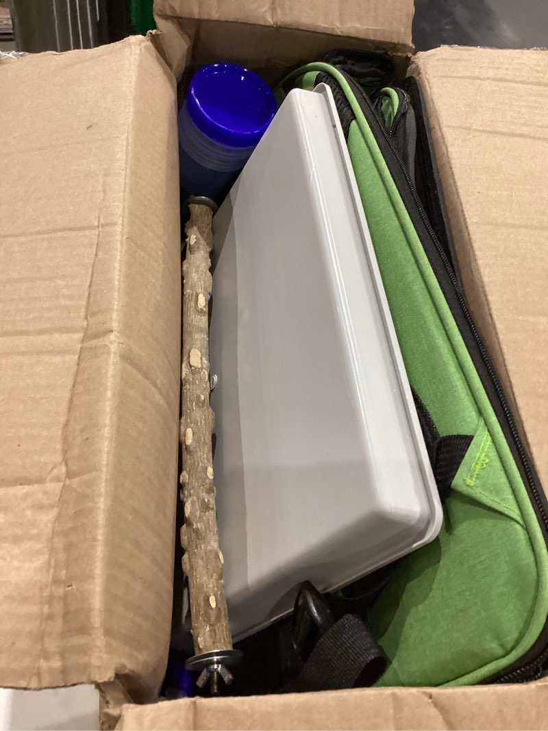 Condition photo showing As Is for bird backpack carrier,bird travel cage backpack with tray and standing perch,feeding tank,waterproof pad,used for parakeets,hornbirds,lovebirds,small and medium-sized bird