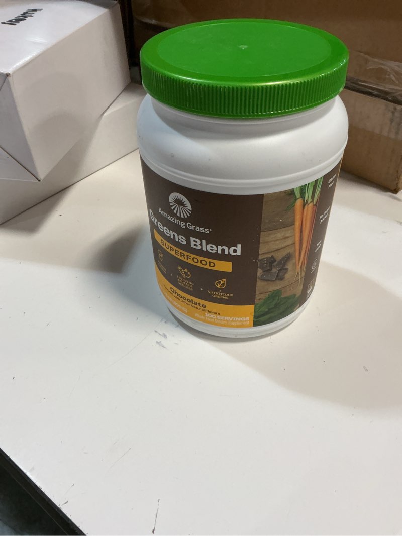 Condition photo showing New/Like New for 02/2026) Amazing Grass Greens Blend Superfood: Super Greens Powder Smoothie Mix with Organic Spirulina, Beet Root Powder, Chlorella, Prebiotics & Probiotics, Chocolate, 100 Servings (Packaging May Vary) Superfood - Chocolate 28.2 Ounce (Pack of 1)