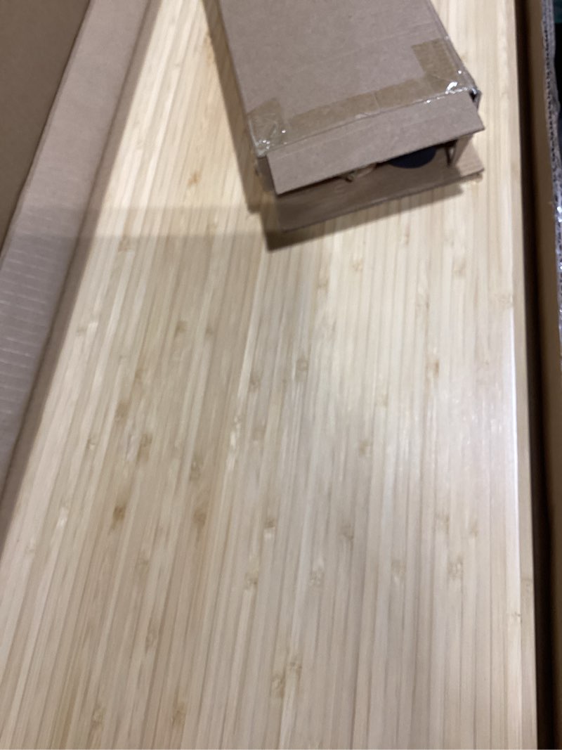 Condition photo showing As Is for bamboo dual monitor shelf, monitor stand riser with underneath storage for desk office supplies, supports heavy tv up to 300 lbs, natural