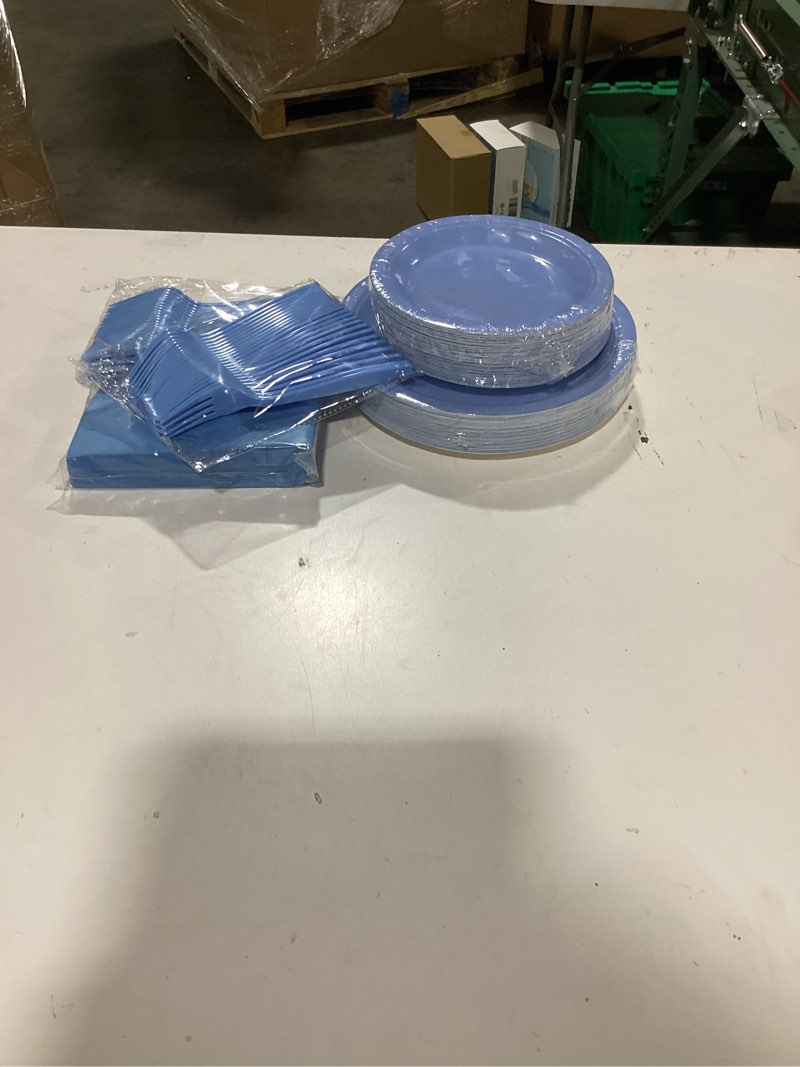 Condition photo showing Good Condition for 250Pcs Light Blue Paper Plates and Napkins Supplies Include 9’’Paper Party Plates, 7’’Dessert Plate Cups Napkins Forks for Baby Shower, Wedding, Birthday, Serves 50 Light Blue 50SET