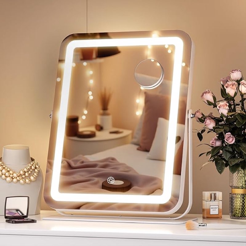 hasipu makeup vanity mirror with lights, 11" l x 14" w led tabletop make up mirror for desk, lighting & brightness adjustment, 360°rotation, 10x magnification