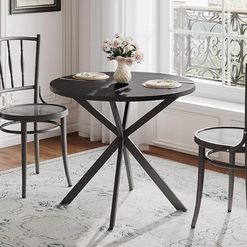  ChooChoo Round Dining Table for 2, Farmhouse Wood Kitchen Table, Circle Dinner Table for Kitchen & Dining Room, Small Space, 31.5In, Black