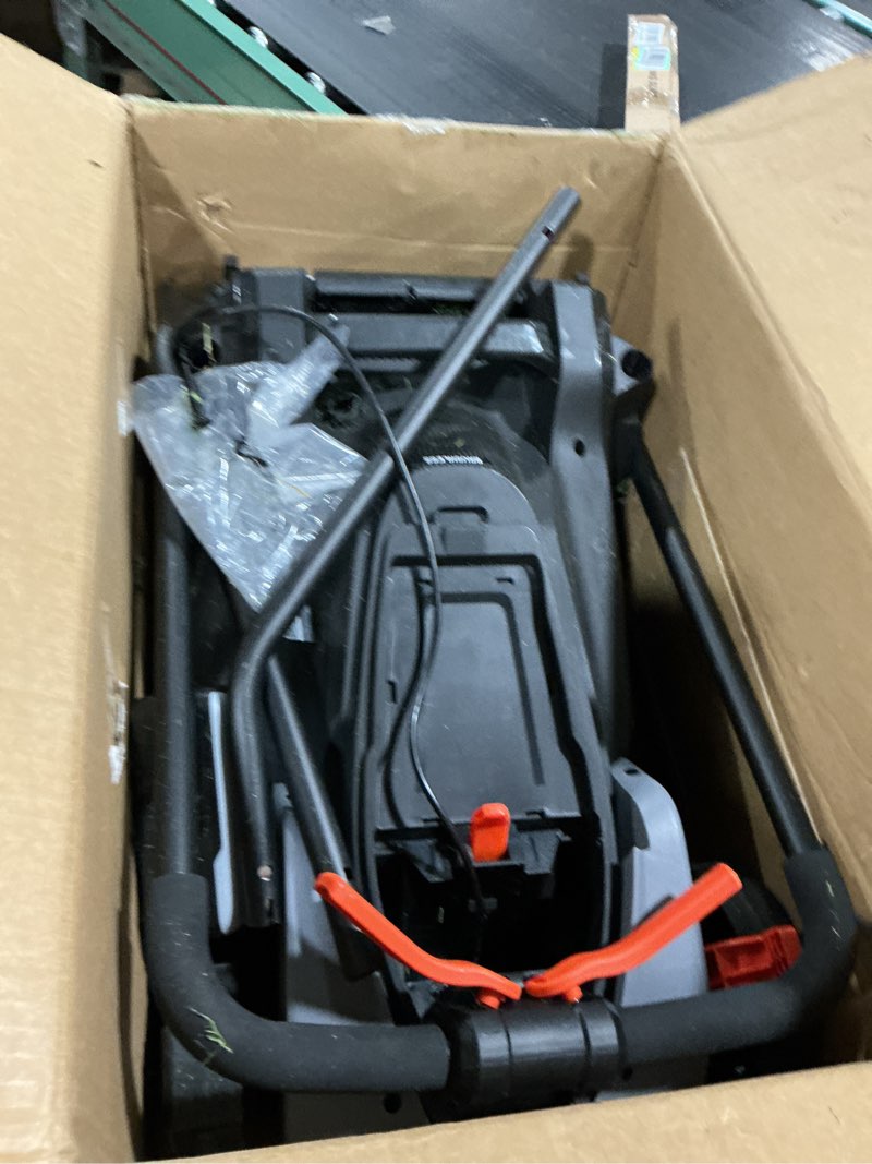 Condition photo showing As Is for litheli 14 inch cordless lawn mower, brushless battery powered push mower with 5.0ah battery, 5-position height, 8-gallon bag, lightweight grass cutter for small to mid-sized yards gray