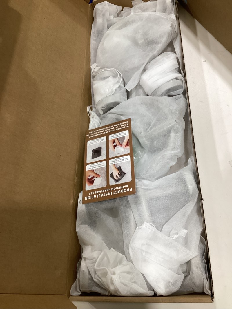 Condition photo showing New/Like New for Hinmood Bathroom Hardware Set Brushed Nickel, 24 Inch Towel Bar Set 10 Pieces Bathroom Accessories Set Includes Includes 2 Packs 24 Inch Towel Bar, Towel Ring, Toilet Holder and 4 Packs Towel Hooks