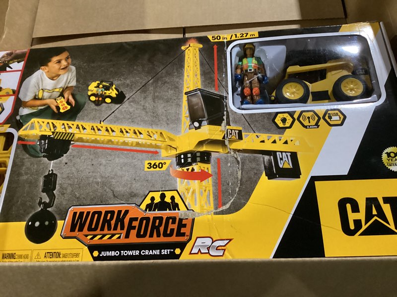 Condition photo showing As Is for cat construction workforce jumbo tower crane set, 50-inch rc crane toy with 360-degree rotation, hook and wrecking ball, light, skid steer and 4" figure, usb rechargeable, ages 5+ workforce jumbo crane