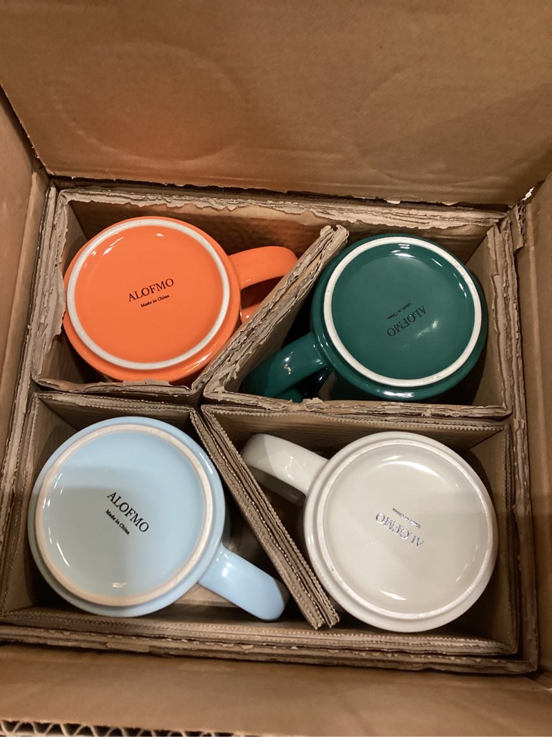 Condition photo showing As Is for Coffee Mug Set of 4, 16oz Multicolor Ceramic Mugs in Orange, Light Blue, Cream & Green, Modern Coffee Cups, Dishwasher & Microwave Safe, Home & Office Use Orange, Blue, Creamy White, Green