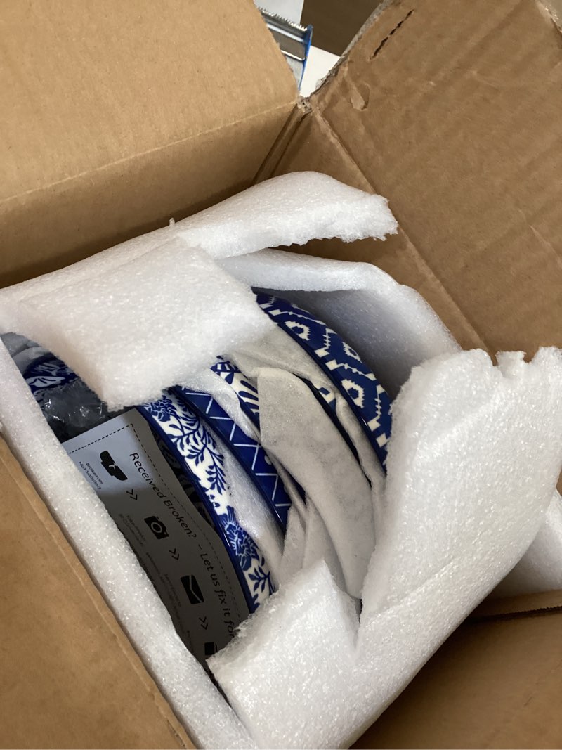 Condition photo showing Good Condition for selamica porcelain 26 ounce pasta bowls set of 6, 8 inch wide and shallow salad bowls, serving bowls, microwave & dishwasher safe, sturdy & stackable, vintage blue vintage blue 26 oz, set of 6